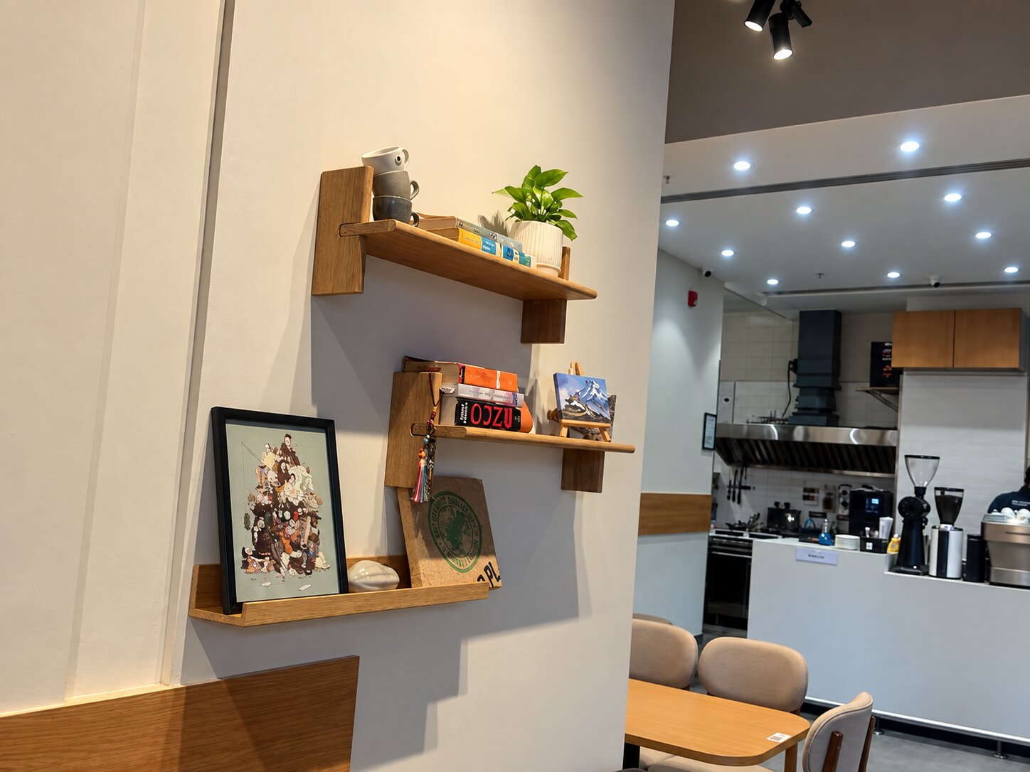 Half Light Coffee Roasters Oak Display Shelves and Open Kitchen